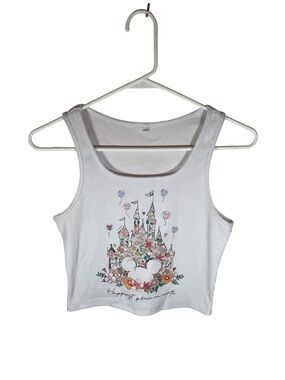 Disney Inspired "Happiest Place On Earth" Floral Castle Ribbed Crop Tank Top S